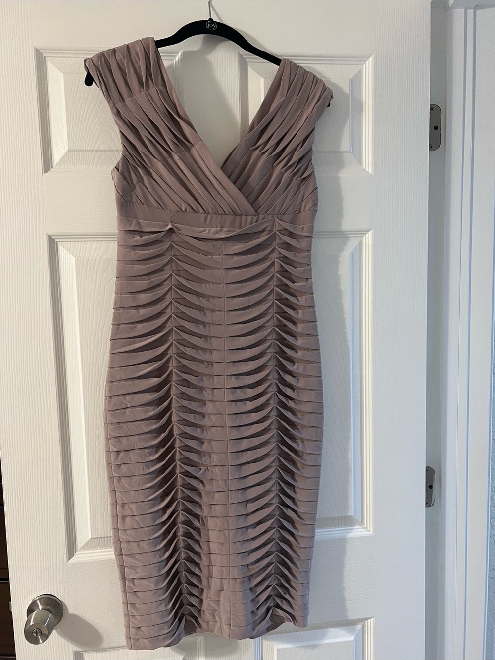 Adrianna Papell Taupe Pleated V-Neck Midi Dress